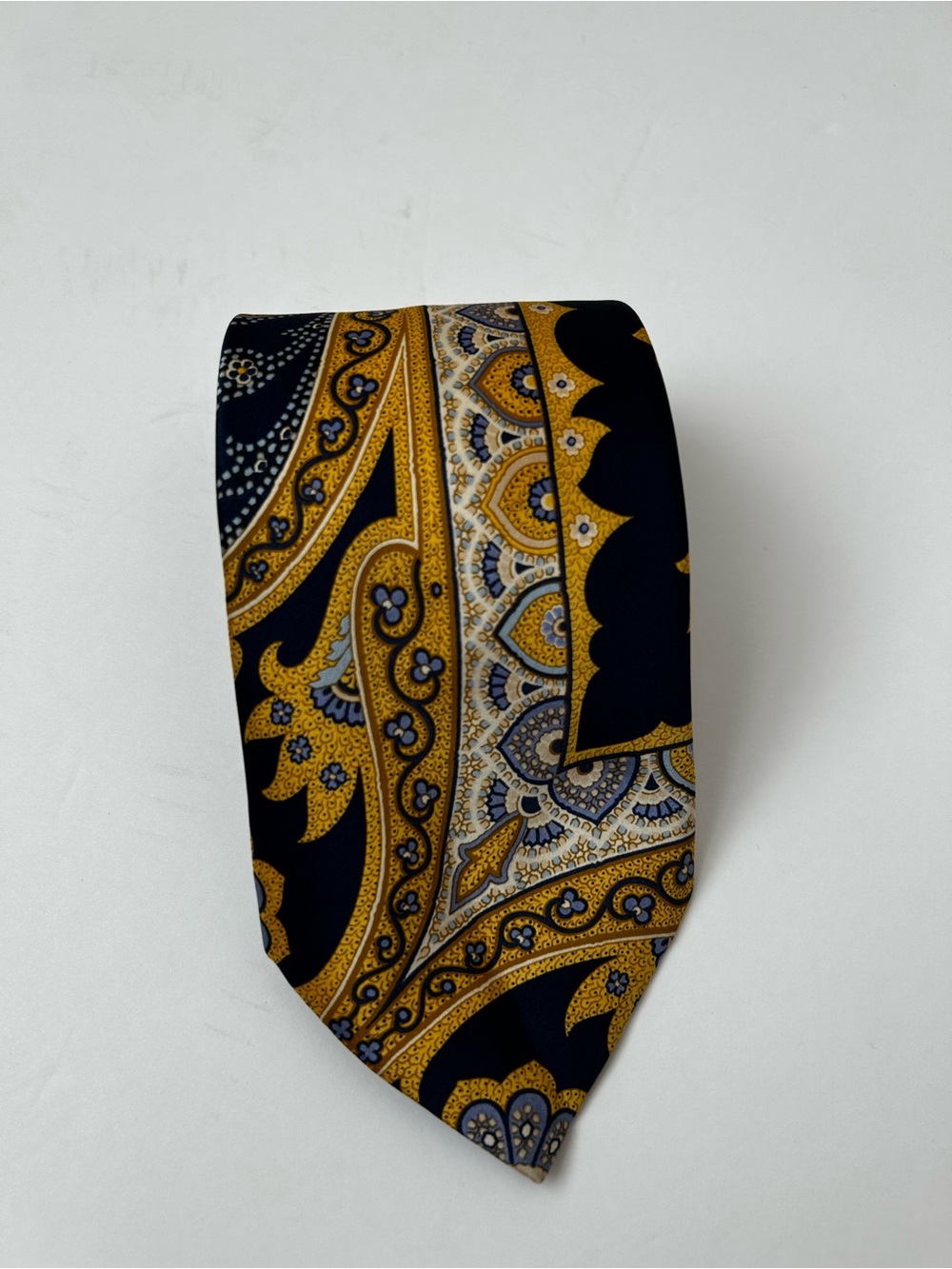 Brioni 100% Silk Tie Navy Blue Yellow Gold Handmade in Italy